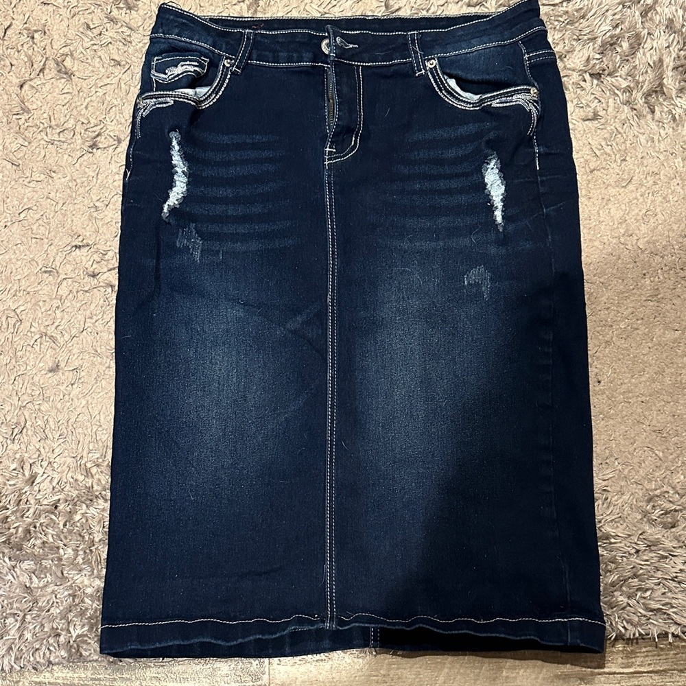 Dark Blue Distressed Pencil Skirt